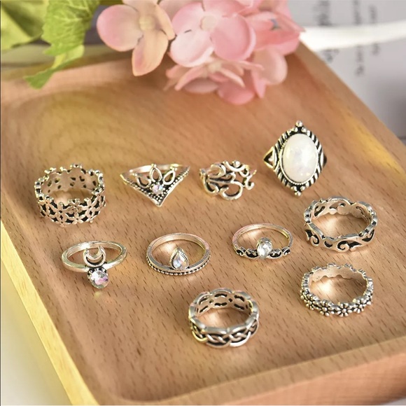 10 Pcs/Set Boho Antique Silver Crystal Rings - Picture 6 of 8